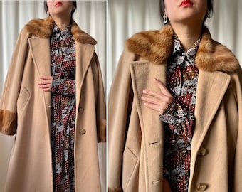 French Vintage wool×cashmere Coat 100% Cashmere Vintage Swing Coat With Fur Collar Tan Begie