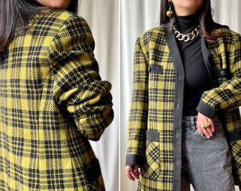 80s Light Wool Coat Checker Mustard black Houndstooth Long Blazer