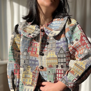 Vintage inspired Peter Pan Collar Light Jacket with bracelet sleeves - Made from Canal Houses Tapestry Cotton blend furniture fabric