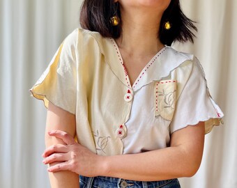 A piece of Passion - Repurpose Embroidered Cotton Napkins turns Summer Cropped Shirt