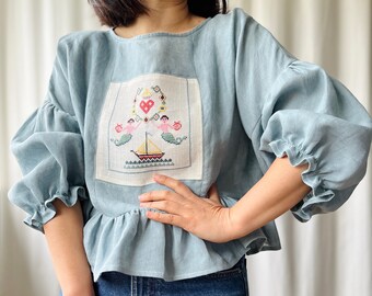 A piece of Passion - Repurposed antique hand embroidered Mermaids Cross stitches art turns Tuesday Blouse