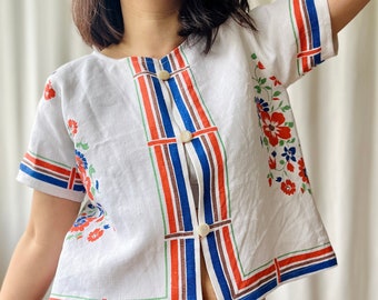 A Piece of Passion - Repurpose Super Fun Old French linen Tablecloth turns Chinese Button Shirt