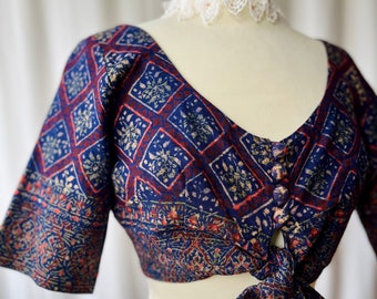 Vintage The Relik Indian Cotton Saree Blouse Block Print Crop Blouse Mid Sleeve Indian Summer