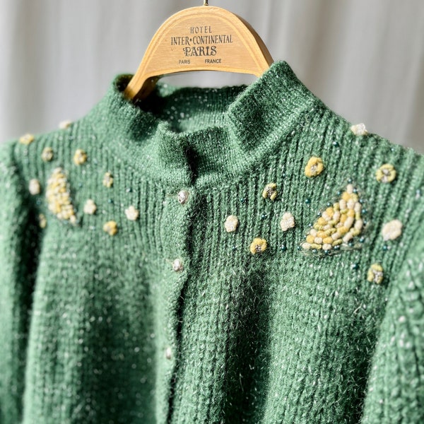 Vintage 70s Softest Superkid Mohair Granny Cardigan hand embroidered beads shoulder pads