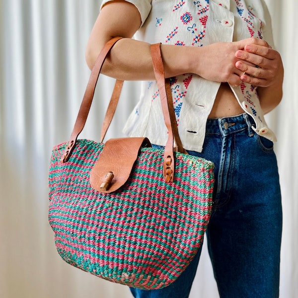 Vintage 90s africano hecho a mano Raffia Shopper, bolso de mano grande bandolera bolso ecológico de mercado plano