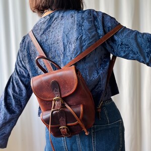 Vintage Y2K Robert Cheau Cognac Brown thick cowhide mini backpack sling bag made in NYC image 2