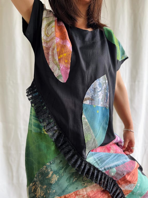 Handmade vintage Geometrical patchwork dress with… - image 3