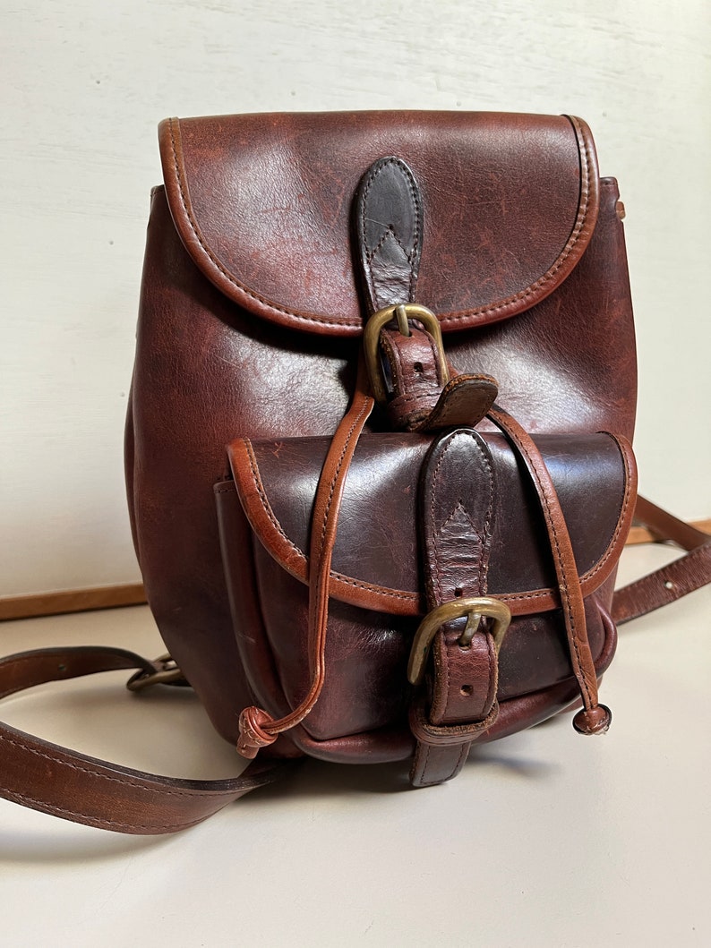 Vintage Y2K Robert Cheau Cognac Brown thick cowhide mini backpack sling bag made in NYC image 4