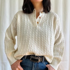 Vintage 90s Cable Knit Pullover: Creamy White Button Sweater