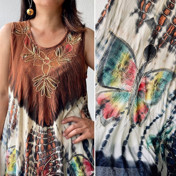 Vintage 1970er Jahre Ethical Hand dyed Butterfly ärmellose Tunika/ Kleid Viskose Stickerei