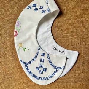 Hand embroidery collar / detachable peter pan style made from repurpose vintage table linen image 5