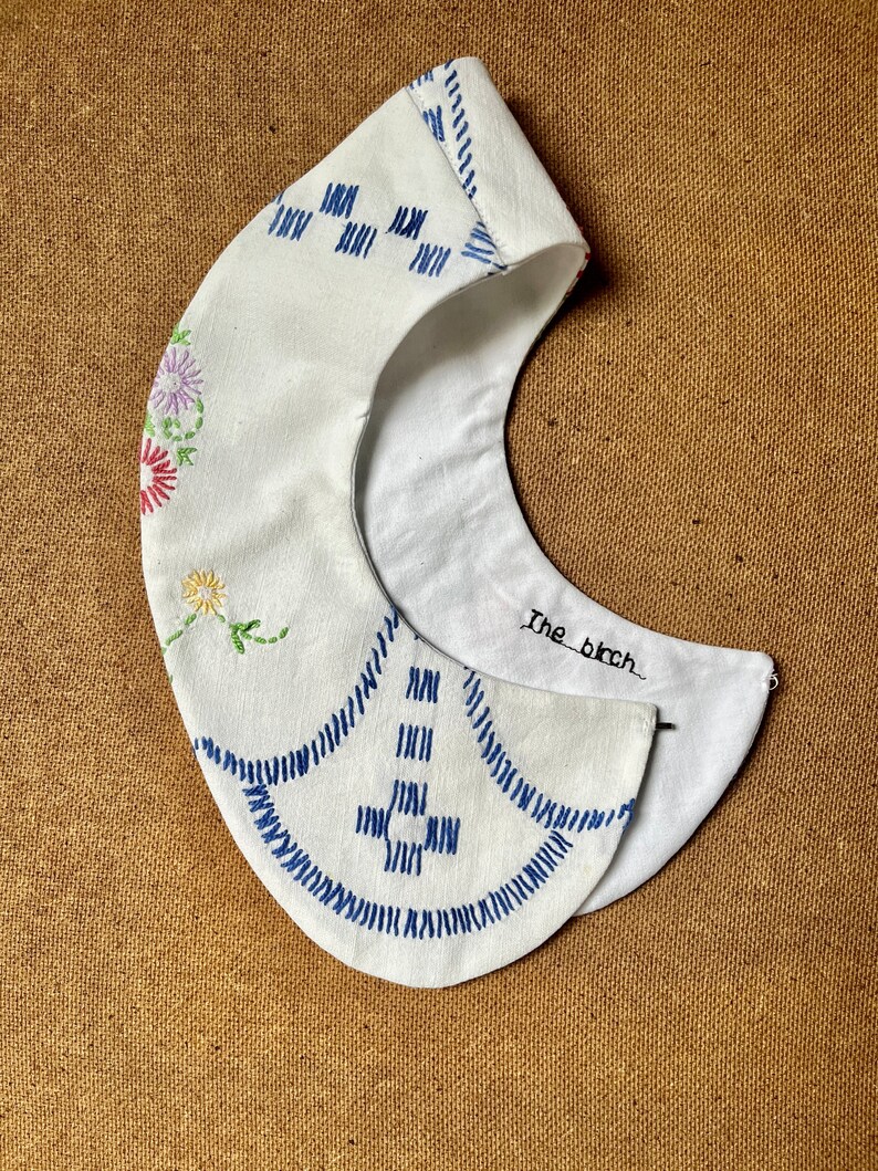Hand embroidery collar / detachable peter pan style made from repurpose vintage table linen image 5
