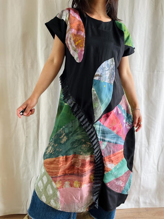 Handmade vintage Geometrical patchwork dress with… - image 5