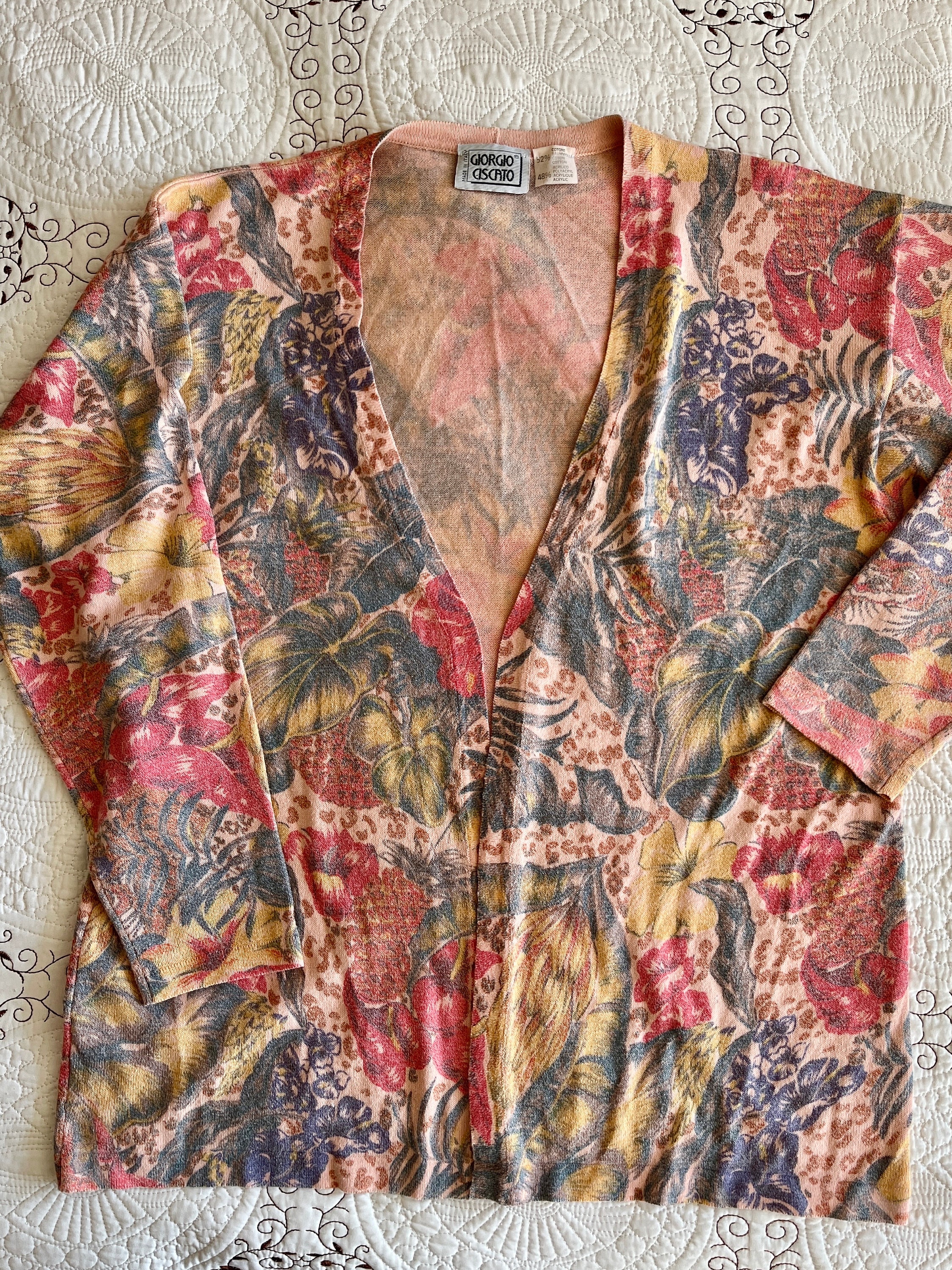 Vintage 80s Italian Cotton Cable Knit Fruity Cardigan Made in