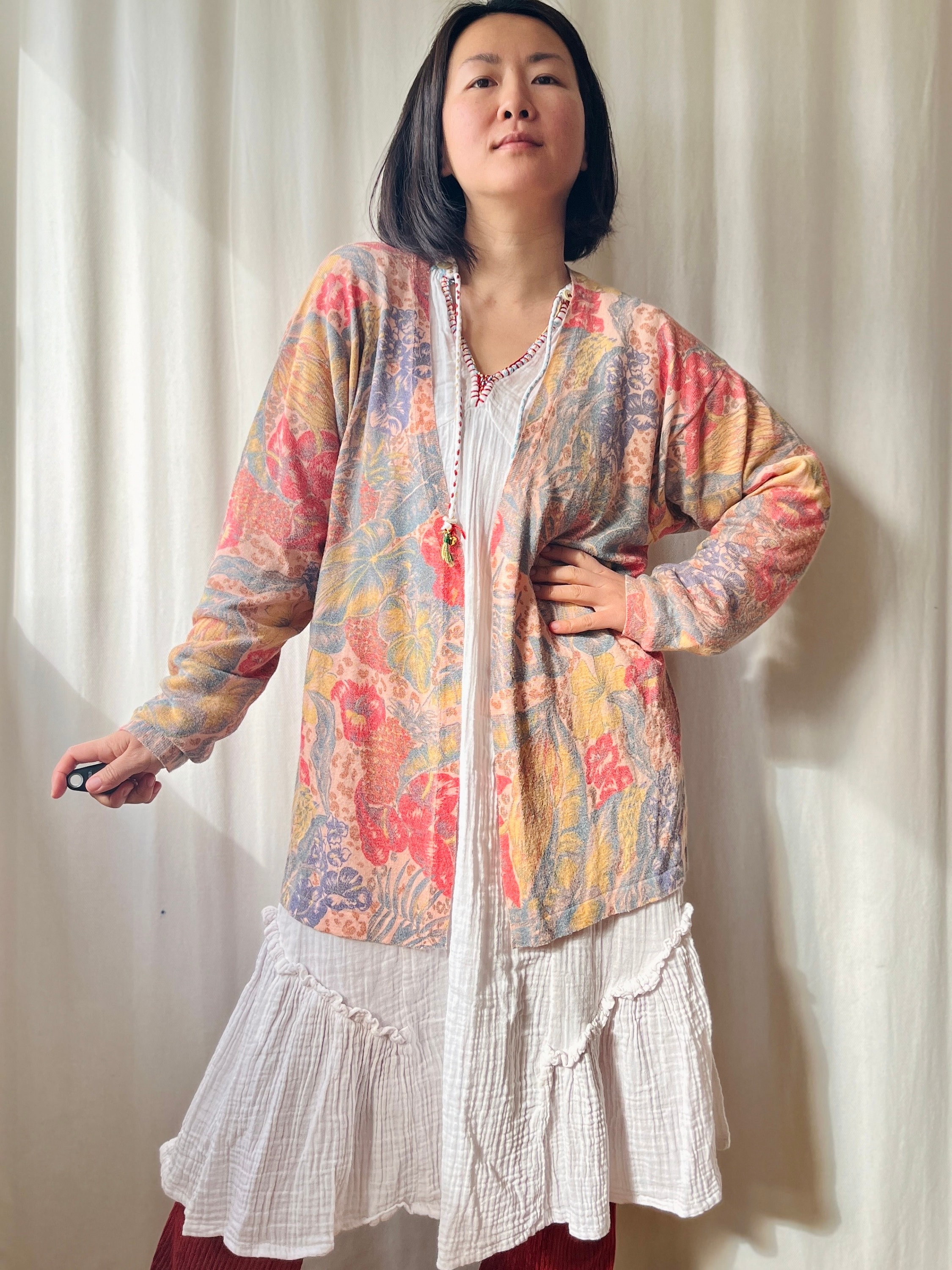 Vintage 80s Italian Cotton Cable Knit Fruity Cardigan Made in