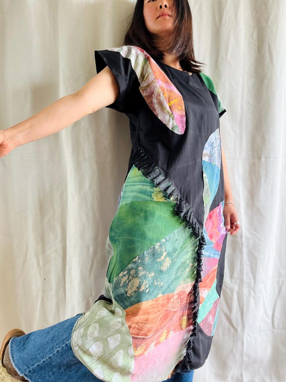 Handmade vintage Geometrical patchwork dress with… - image 2