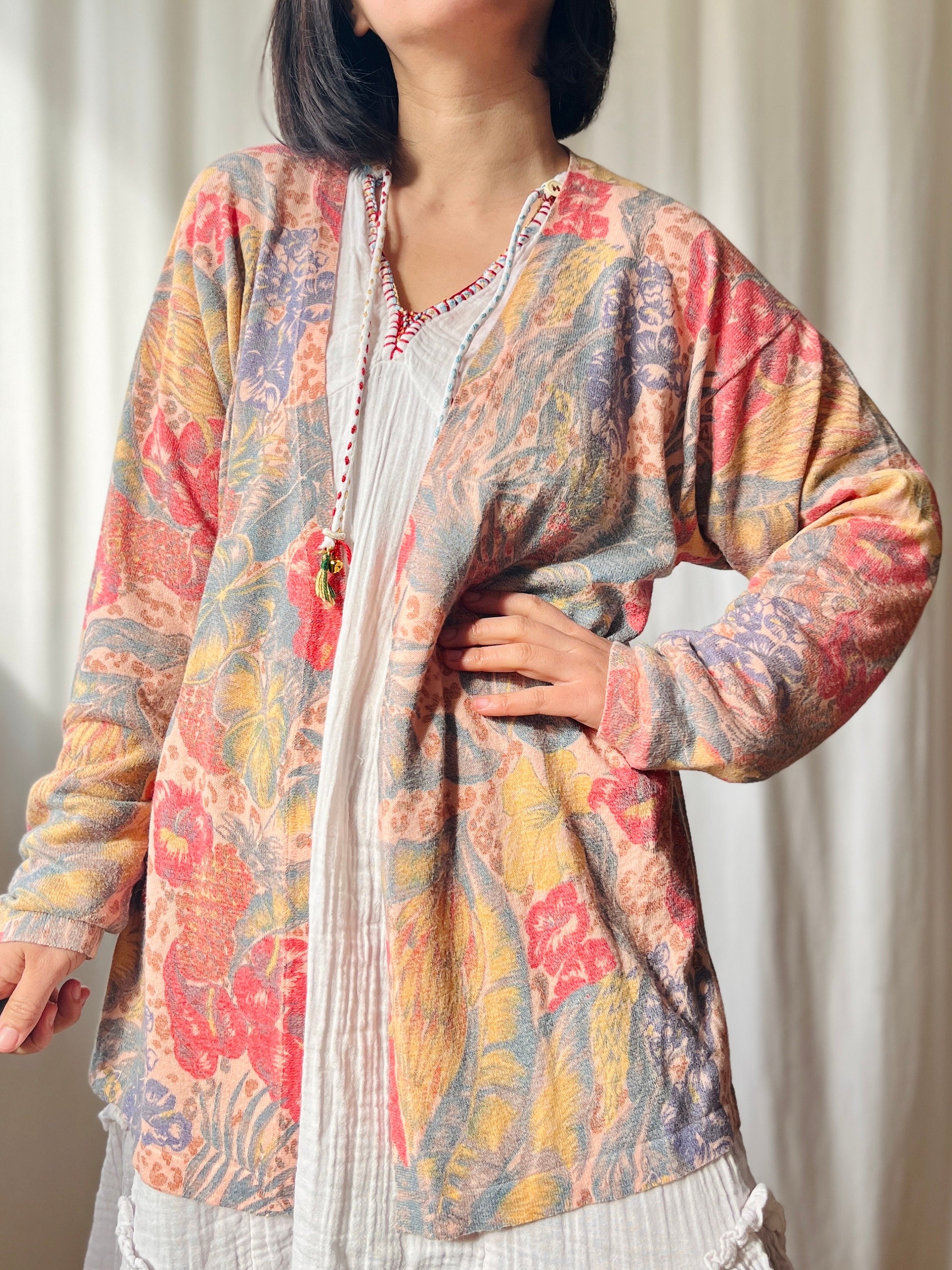 Vintage 80s Italian Cotton Cable Knit Fruity Cardigan Made in 