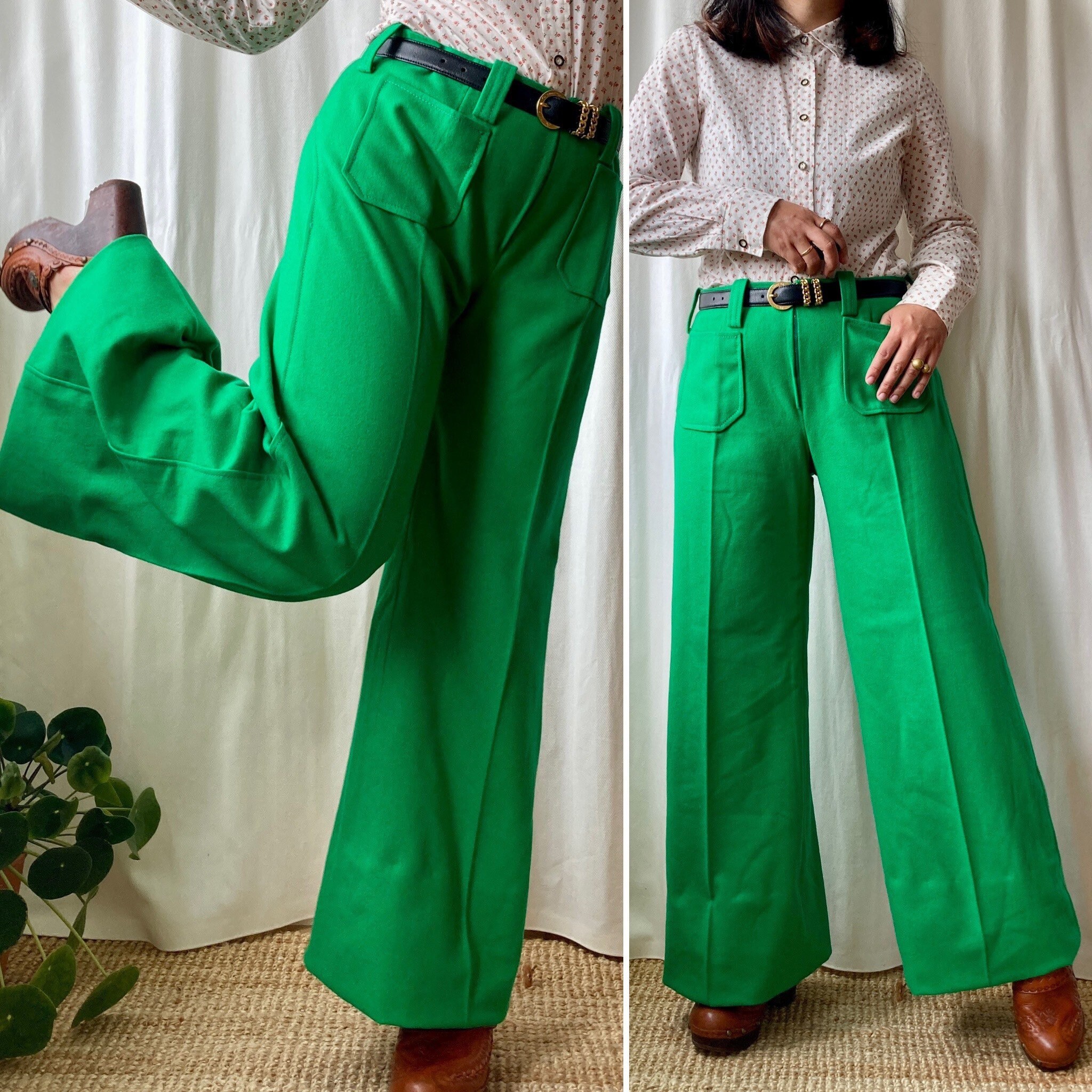 Kleding Dameskleding Broeken & Capriboeken Broeken Jaren '70 Handgemaakte S Green Flare Polyester Broek 