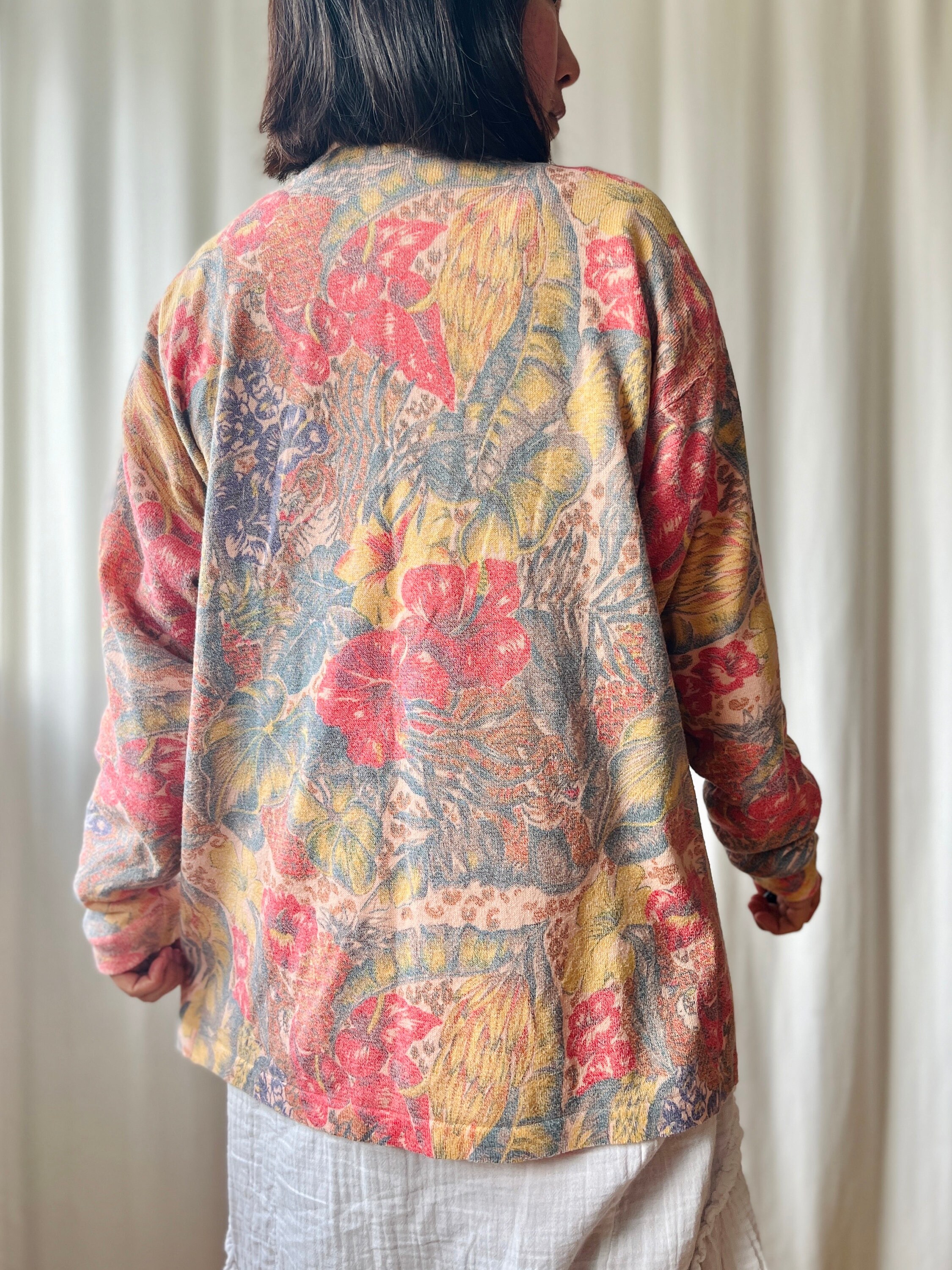 Vintage 80s Italian Cotton Cable Knit Fruity Cardigan Made in