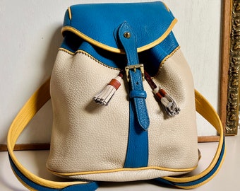 Vintage Dooney & Bourke All-Weather Leather LARGEST H13 Teton Sherpa Drawstring Backpack Rare French Blue / Palomino and Wheat