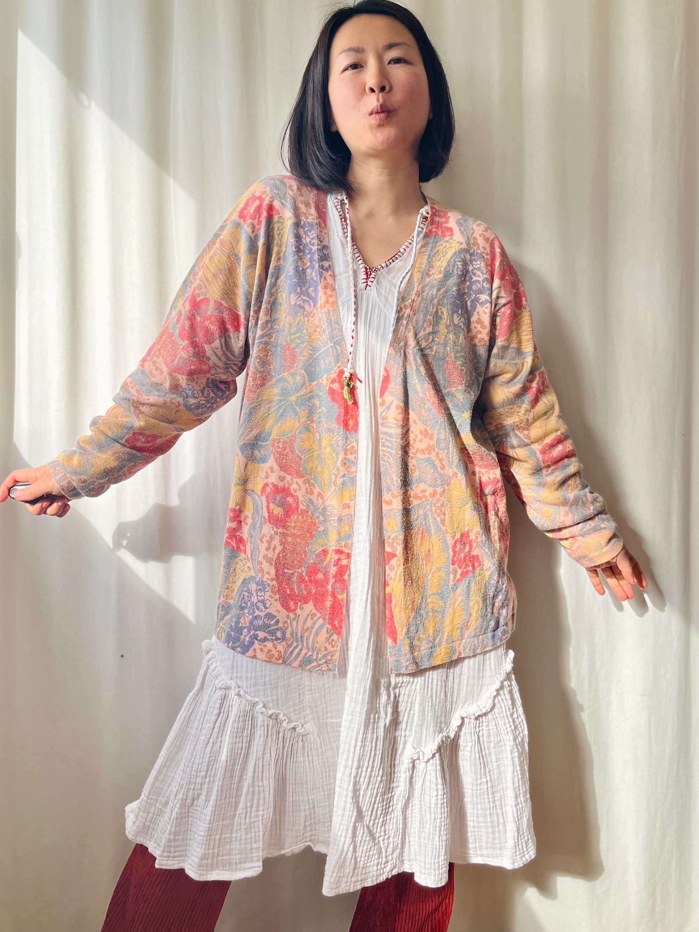 Vintage 80s Italian Cotton Cable Knit Fruity Cardigan Made in