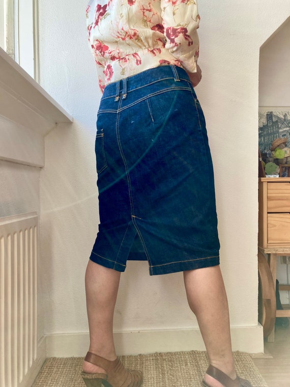 Dark denim pencil skirt button front hot sale