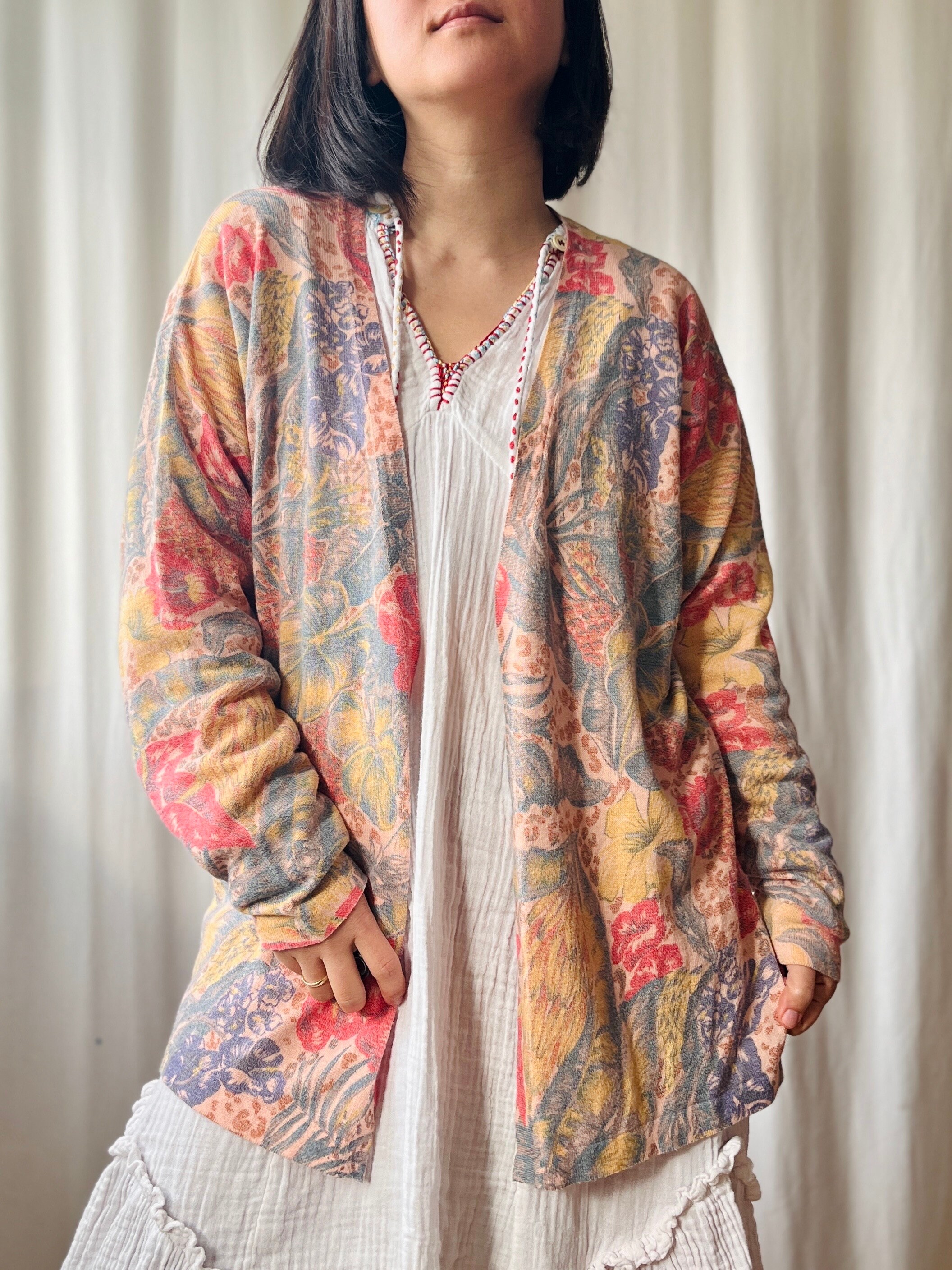 Vintage 80s Italian Cotton Cable Knit Fruity Cardigan Made in