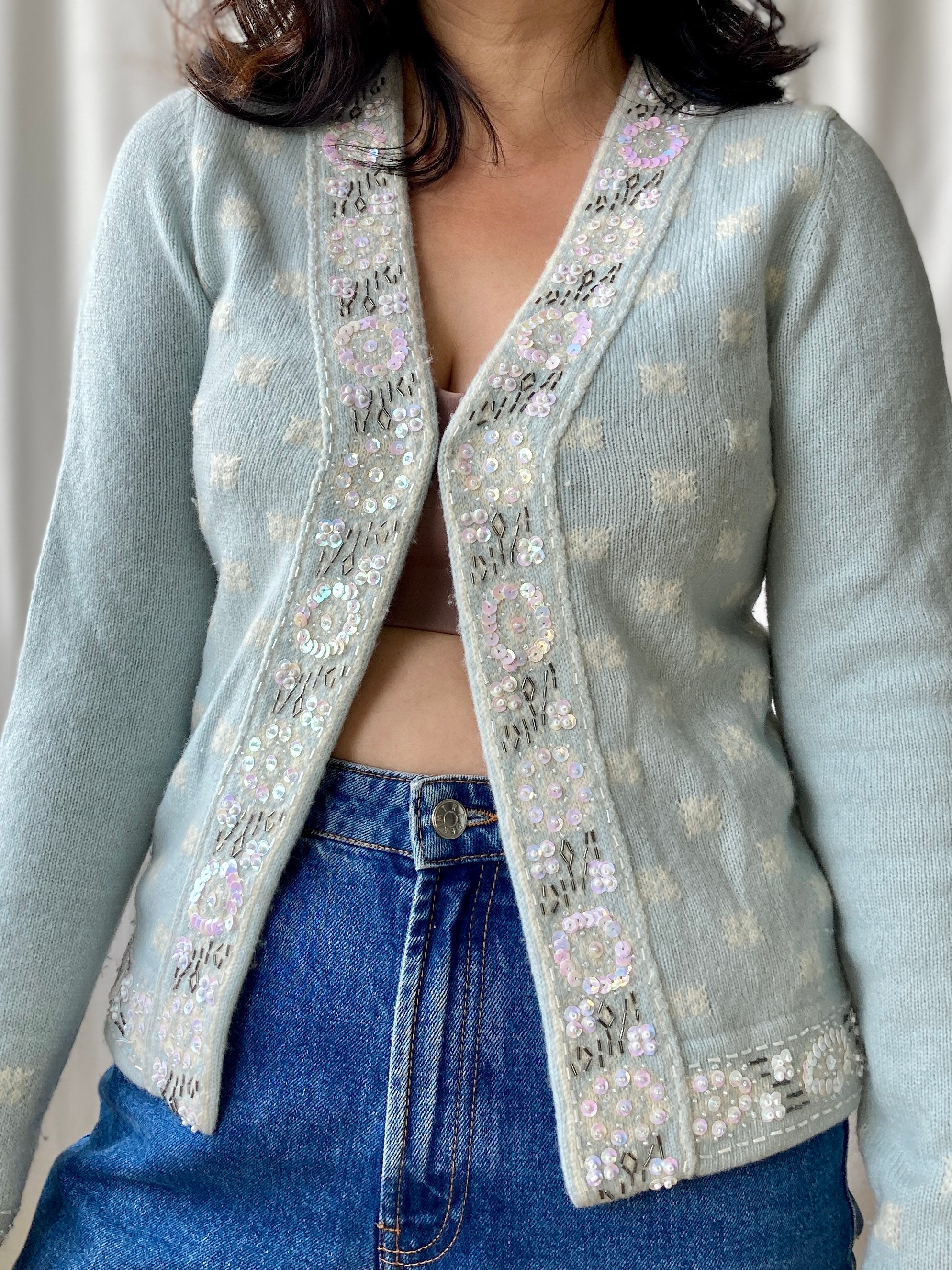 Vintage 90s Bead Embroidered Baby Blue Cardigan SMALL Soft - Etsy