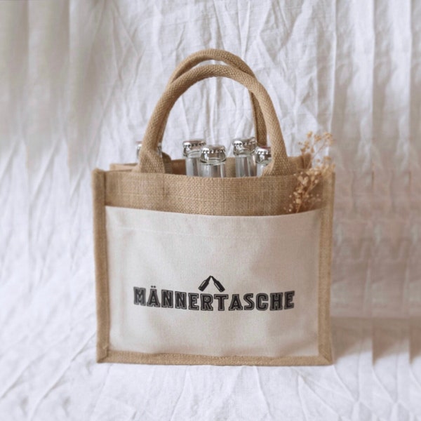 Jute Tasche | braun weiß | Männertasche | kleine Henkeltasche | Nachhaltigkeit | Humor | Geschenke Männer | Ostern | Tasche für Bier