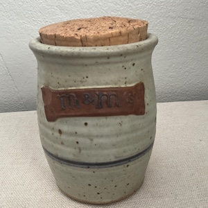 Vintage M&M's Stoneware Jar with Cork Lid, Collectible Candy Container