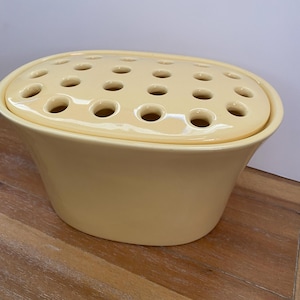 May include: A pale yellow ceramic flower frog vase with an oval shape and a removable lid featuring multiple circular holes for arranging stems. The smooth, glossy finish covers the entire exterior of the vessel and the perforated top piece.