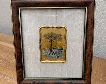 Miniature Landscape Art: Vintage Italian Hand-Painted on Gold Foil in Wood Frame
