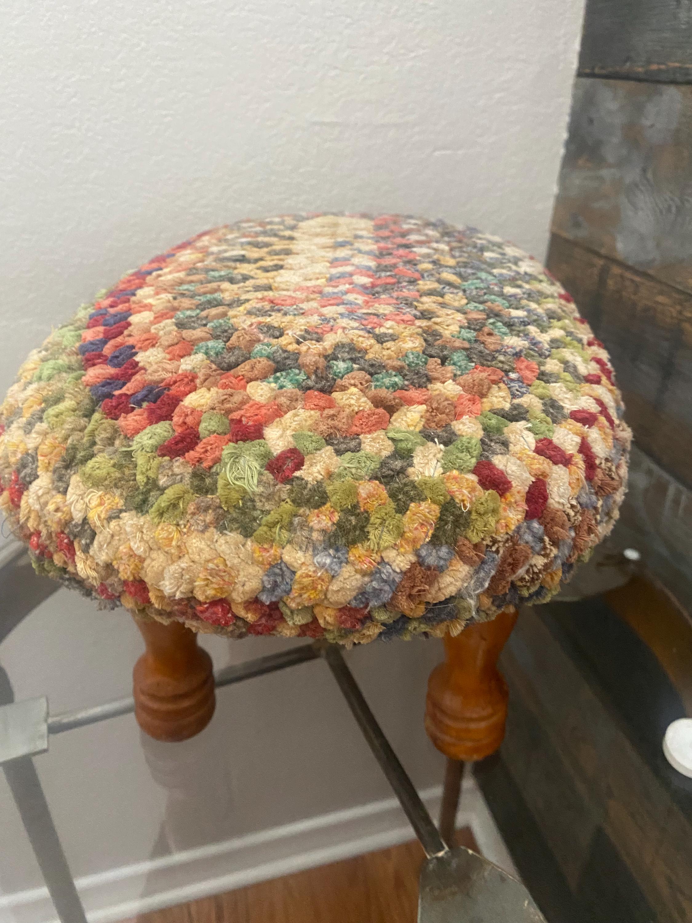Vintage French Country Multi-colored Braided Footstool With Wooden Legs ...