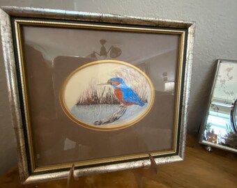 Original framed  hanging Jacquard Silk Woven King Fisherman bird