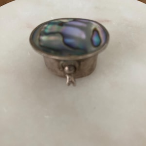 Vintage Alpacka Mexiko Silver Abalone Shell Inlay Gångjärnsmyckesask