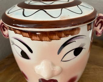 Vintage bidon de sucre anthropomorphe peint à la main/bocal à collation/bocal à biscuits ou décor d'étagère