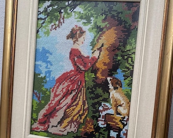 Vintage Femme Gravant Ses Initialis Framed Victorian Lady Carving Her Initials on a Tree with Dog Needle Point