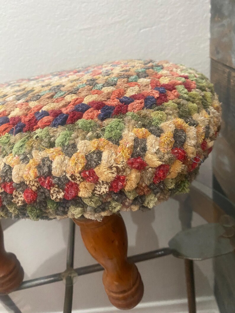 Vintage French Country Multi-colored Braided Footstool With Wooden Legs ...