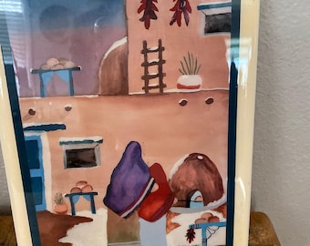 Vintage Lawrence Vargas Santa Fe-stijl Adobe Scene Baking Bread