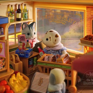 May include: A miniature toy grocery store and bakery scene. The store features shelves stocked with food items, a fruit stand, and a bakery with pretzels. Two animal figurines are present, one a cat and the other a dog, shopping in the store.