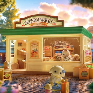 May include: A miniature supermarket with a green roof and a sign that reads "SUPERMARKET FRESH & ORGANIC". The scene includes toy animal figures, shopping carts, and displays of fruits and vegetables. The overall theme is a charming, whimsical grocery store.