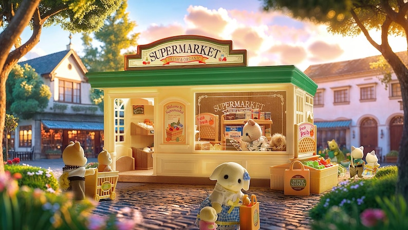 May include: A miniature supermarket with a green roof and a sign that reads "SUPERMARKET FRESH & ORGANIC". The scene includes toy animal figures, shopping carts, and displays of fruits and vegetables. The overall theme is a charming, whimsical grocery store.