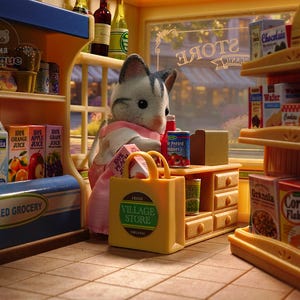 May include: A miniature grocery store scene with a cat figurine wearing a pink apron. The store features shelves stocked with various food items, including juice boxes, milk cartons, and canned goods. A yellow shopping bag with "VILLAGE STORE" text is in the foreground.