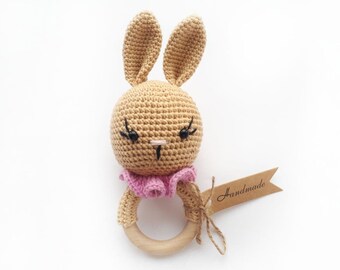Biting ring crochet bunny bunny with baby rattle, Gift for birth