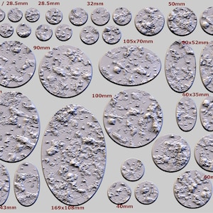 Puede incluir: Un conjunto de 14 bases de resina redondas y ovaladas para figuras en miniatura. Las bases están texturizadas con un patrón moteado gris y blanco. Las bases varían en tamaño de 25 mm a 169 mm.