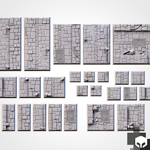 Könnte beinhalten: Ein Set aus 20 grauen Kunststoff-Kacheln mit verschiedenen Designs, darunter Kopfsteinpflaster, Gullydeckel und Schutt. Die Kacheln sind für den Einsatz in Brettspielen und Rollenspielen gedacht.