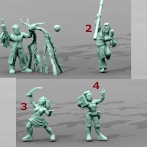 Puede incluir: Colección de cuatro figuras en miniatura de color verde claro. Las figuras representan personajes de fantasía, incluyendo una figura con un rifle, una figura con un bastón y dos figuras con armas y libros. Las figuras son probablemente para juegos de mesa.