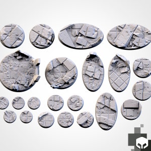 May include: A set of 20 round and oval-shaped miniature bases for tabletop gaming. The bases are made of a light grey plastic and feature a textured surface that resembles cracked concrete or pavement.
