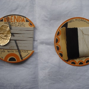 Vintage Art Deco Sewing Aids/Notions - Brenda Art Silk Elastic with Threader and Abel Morrall's Black and White Thread On Card - 1930's