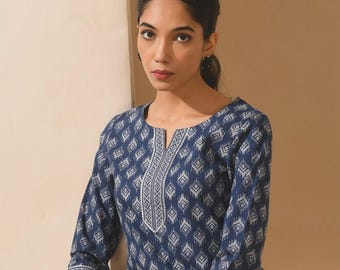 Navy Blue Printed Kurti for Women | Comfortable Casual Summer Indian Kurta Outfit